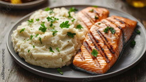 Smooth and creamy cauliflower mash served alongside grilled salmon fillets, garnished with parsley, keto comfort food, low-carb dinner plate