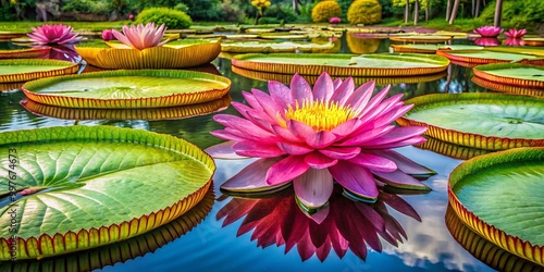 Majestic Victoria Amazonica water lily blooms, displaying its enormous floating leaves and vibrant flowers, creating a