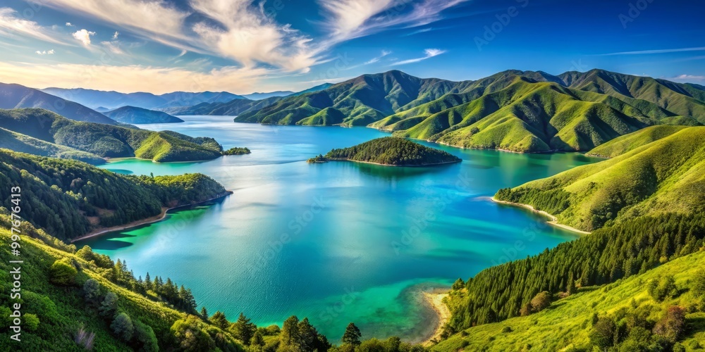 Peaceful Marlborough Sounds features vibrant green hills and calm waters, all beneath a pristine blue sky, creating a Peaceful Marlborough Sounds features vibrant green hills and calm waters, all beneath a pristine blue sky, creating a