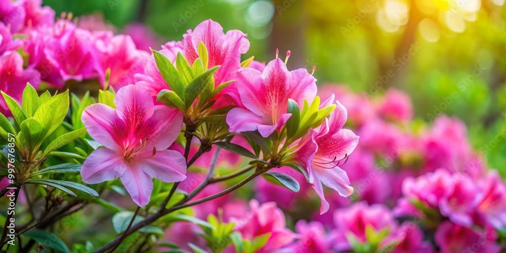 Fototapeta premium Radiant pink azaleas burst into full bloom, set against a gentle green garden backdrop, painting a perfect springtime