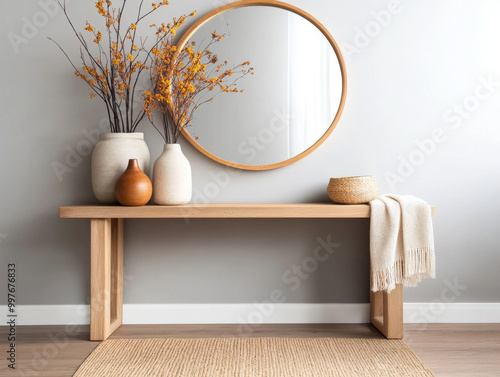 A chic entryway featuring a console table with decorative vases, a round mirror, and fresh flowers, welcoming guests with style. photo