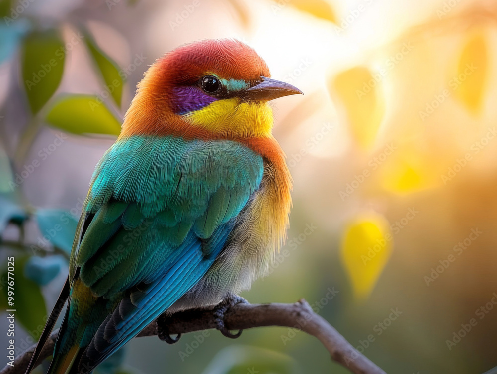 Fototapeta premium A close-up of a bird perched on a branch in a sunlit room, showing off its colorful feathers.