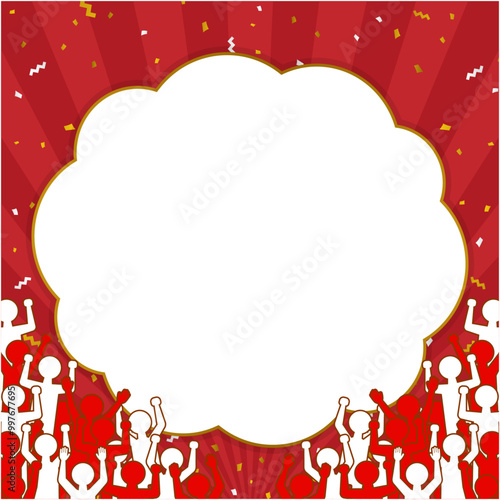 盛り上がる大勢の人々　フレーム素材(紅白／正方形)