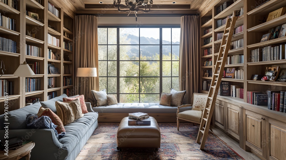 24. A charming home library with built-in shelves, a rolling ladder, and comfortable seating 24. A charming home library with built-in shelves, a rolling ladder, and comfortable seating