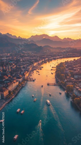 Aerial View of Lucerne, Switzerland at Sunset with Boats on the River