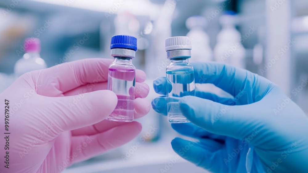 Two gloved hands hold vials of liquid. The vial in the left hand is clear with a pink tint, while the vial in the right hand is clear. Two gloved hands hold vials of liquid. The vial in the left hand is clear with a pink tint, while the vial in the right hand is clear.