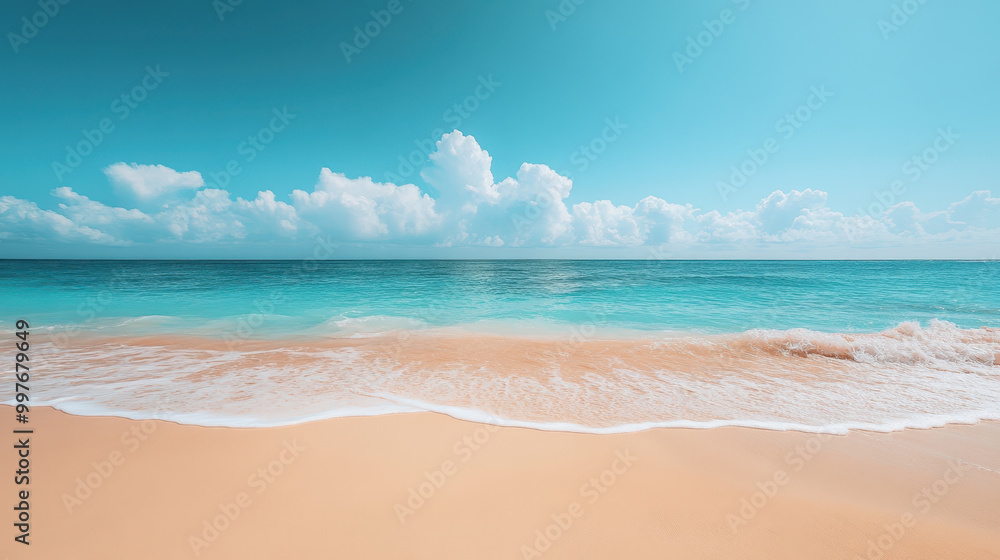 serene tropical beach with turquoise sea under cloudless summer sky, inviting relaxation and tranquility. gentle waves lap against soft, sandy shore, creating peaceful atmosphere serene tropical beach with turquoise sea under cloudless summer sky, inviting relaxation and tranquility. gentle waves lap against soft, sandy shore, creating peaceful atmosphere