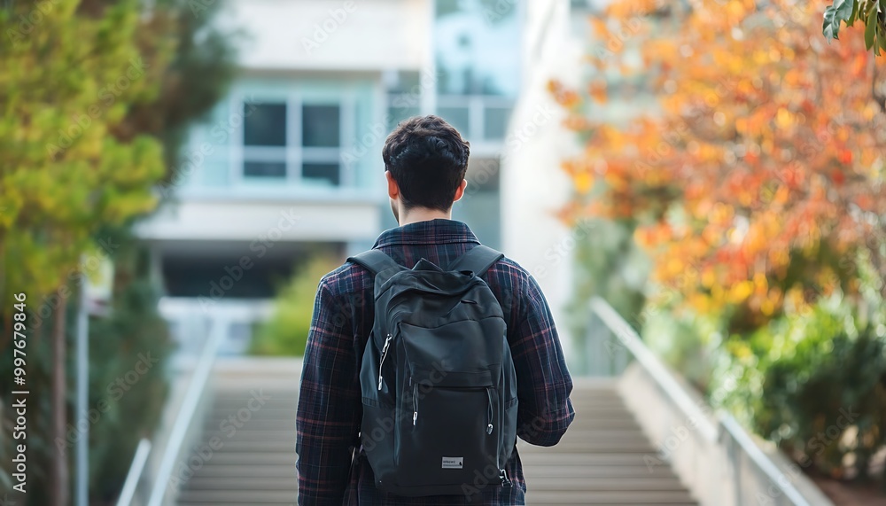 A Student Walking Up Stairs on Campus A Student Walking Up Stairs on Campus