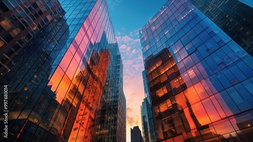 Glass Facades Reflecting a Sunset Sky