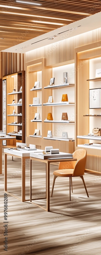 Modern Minimalist Retail Interior Design with Wooden Shelving and Light. Modern Minimalist Retail Interior Design with Wooden Shelving and Light.