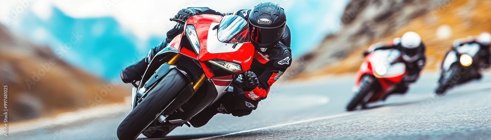 A dynamic motorcycle race scene showcasing speed and agility on a winding mountain road under bright blue skies. A dynamic motorcycle race scene showcasing speed and agility on a winding mountain road under bright blue skies.