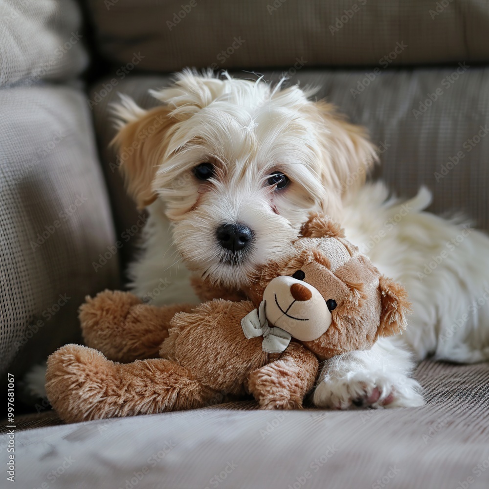 Cute puppy cuddling with his teddy bear at home. Pet love. Cute puppy cuddling with his teddy bear at home. Pet love.