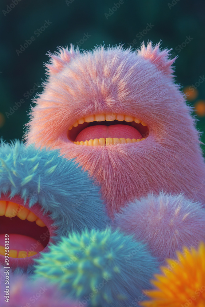 Colorful furry creatures on a monochrome background. Colorful furry creatures on a monochrome background.