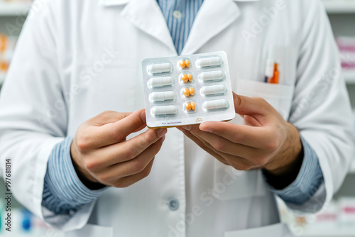 A pharmacist assists customers in a pharmacy drugstore, showcasing a medicine box and capsule pack, emphasizing professional healthcare service and patient care.