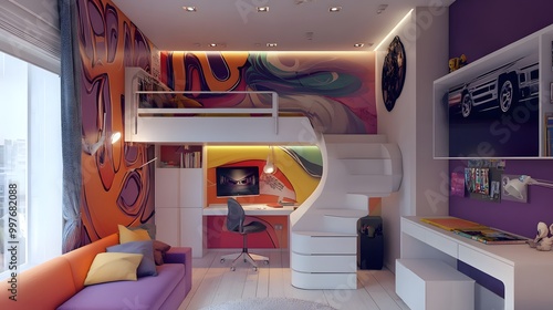 29. A vibrant youth bedroom with a loft bed, desk, and fun wall art