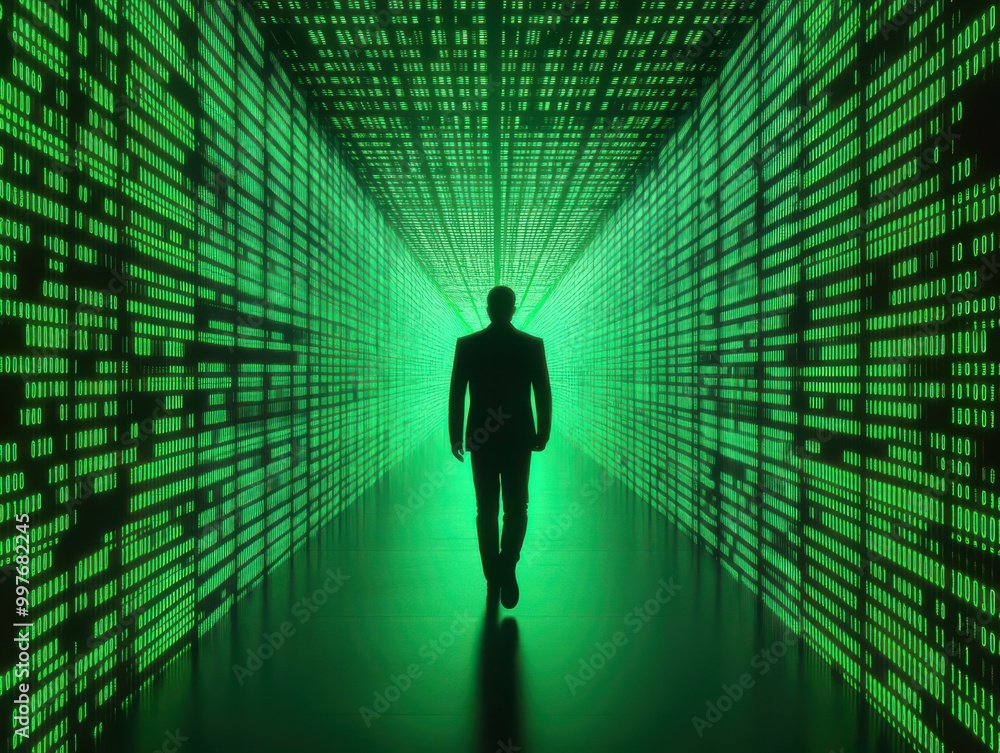 A mysterious figure walks through a glowing green data tunnel, symbolizing technology, data, and the digital world. A mysterious figure walks through a glowing green data tunnel, symbolizing technology, data, and the digital world.