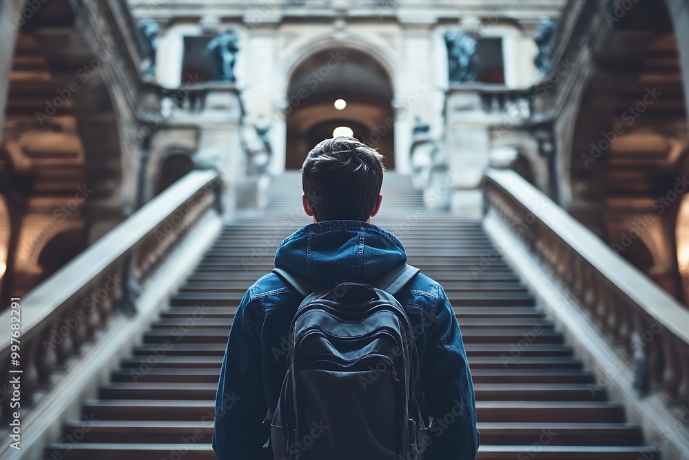 Obraz premium A Young Man Ascend a Grand Staircase