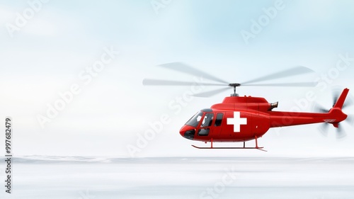 A red medical helicopter flying against a soft blue sky, symbolizing emergency response and healthcare service. photo