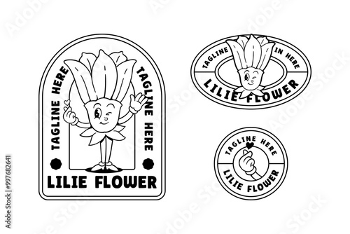 feminine lily flower buds outline retro cartoon character mascot illustration set with standing pose, flirty eye and hand forming love for florist, kids, beauty business mascots and merchandise