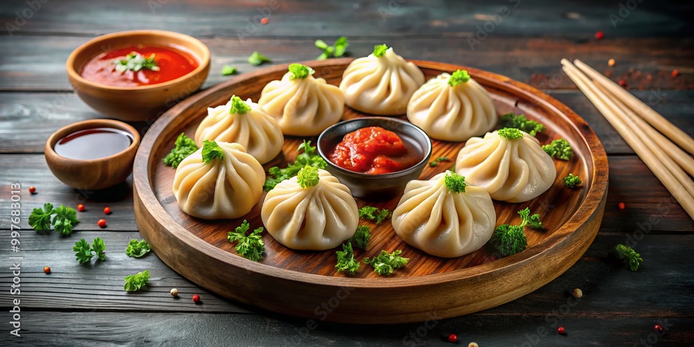 Succulent steamed momos artfully arranged on a wooden platter, complemented by a flavorful dipping sauce, creating a Succulent steamed momos artfully arranged on a wooden platter, complemented by a flavorful dipping sauce, creating a