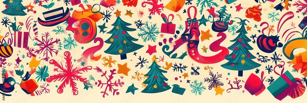This artwork showcases a lively arrangement of Christmas elements, including trees, snowflakes, and colorful gifts, creating a joyful atmosphere. Generative AI This artwork showcases a lively arrangement of Christmas elements, including trees, snowflakes, and colorful gifts, creating a joyful atmosphere. Generative AI