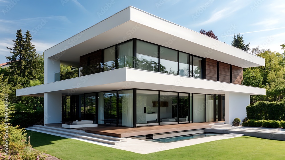 A modern cube-shaped house featuring a flat roof, large floor-to-ceiling windows, and a white exterior. The interior is designed with an open floor plan, showcasing a seamless flow between living spac A modern cube-shaped house featuring a flat roof, large floor-to-ceiling windows, and a white exterior. The interior is designed with an open floor plan, showcasing a seamless flow between living spac