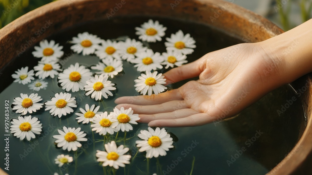 A serene moment with a hand gently touching water filled with blooming daisies, symbolizing peace and tranquility. A serene moment with a hand gently touching water filled with blooming daisies, symbolizing peace and tranquility.