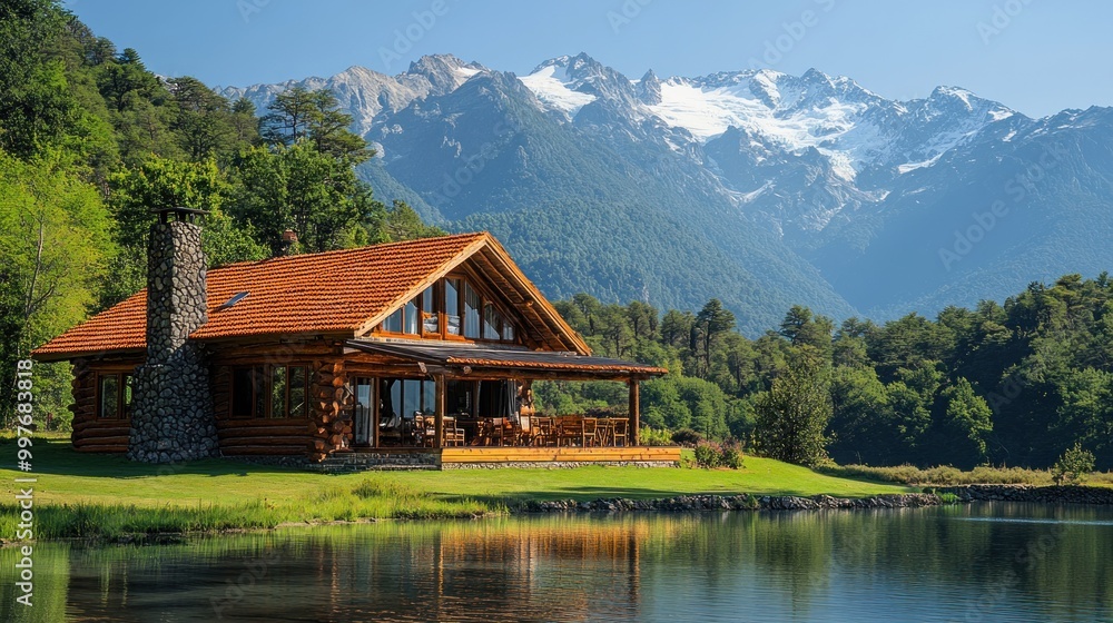 A serene cabin by a lake with mountains in the background. A serene cabin by a lake with mountains in the background.