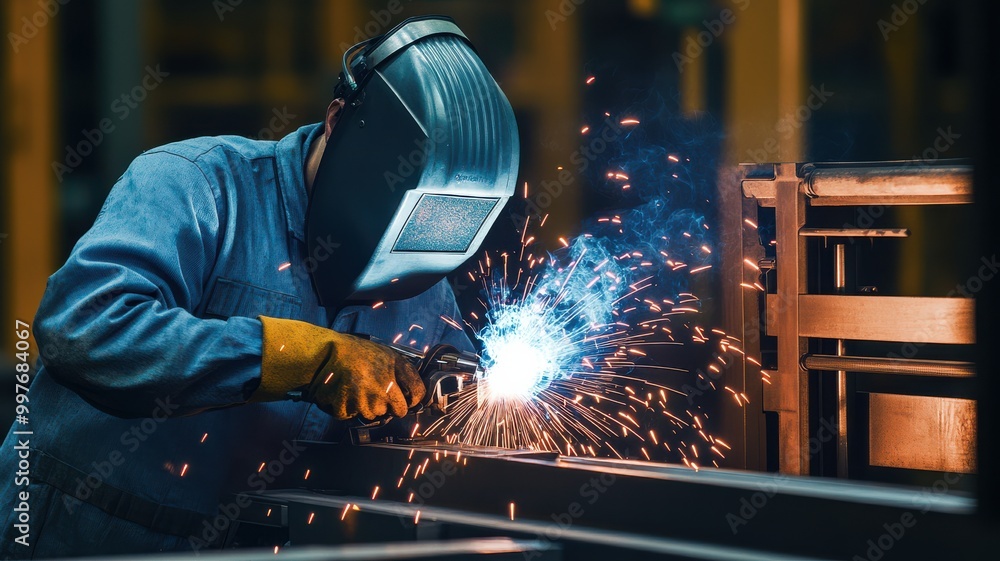 A skilled welder works diligently on metal fabrication, showcasing sparks and precision in a modern workshop environment. A skilled welder works diligently on metal fabrication, showcasing sparks and precision in a modern workshop environment.