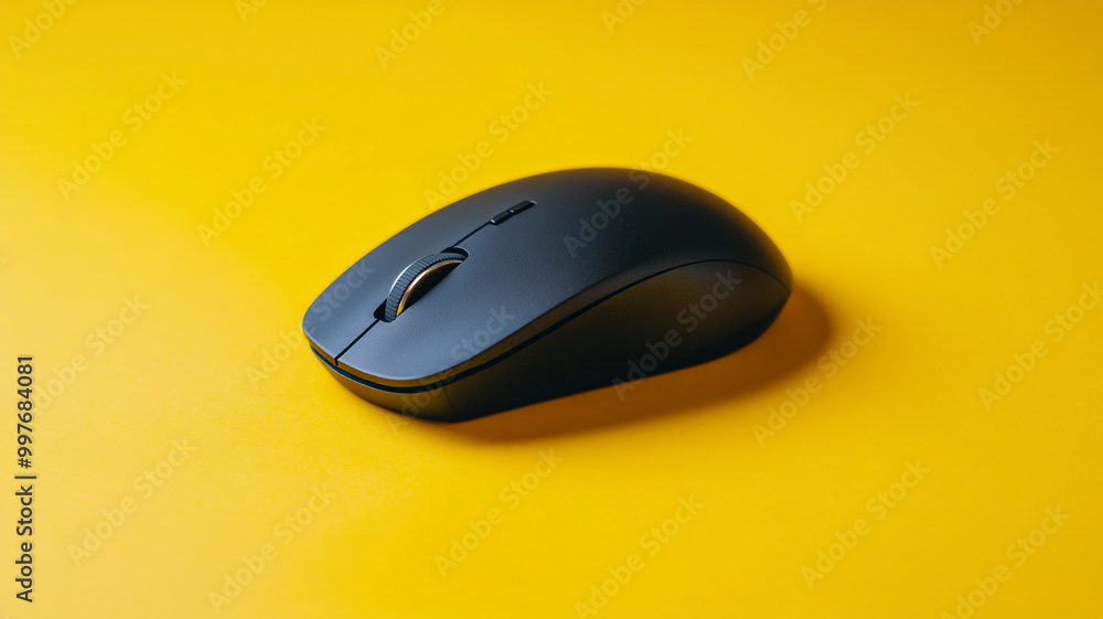A sleek black computer mouse resting on a vibrant yellow desk surface in an office setting