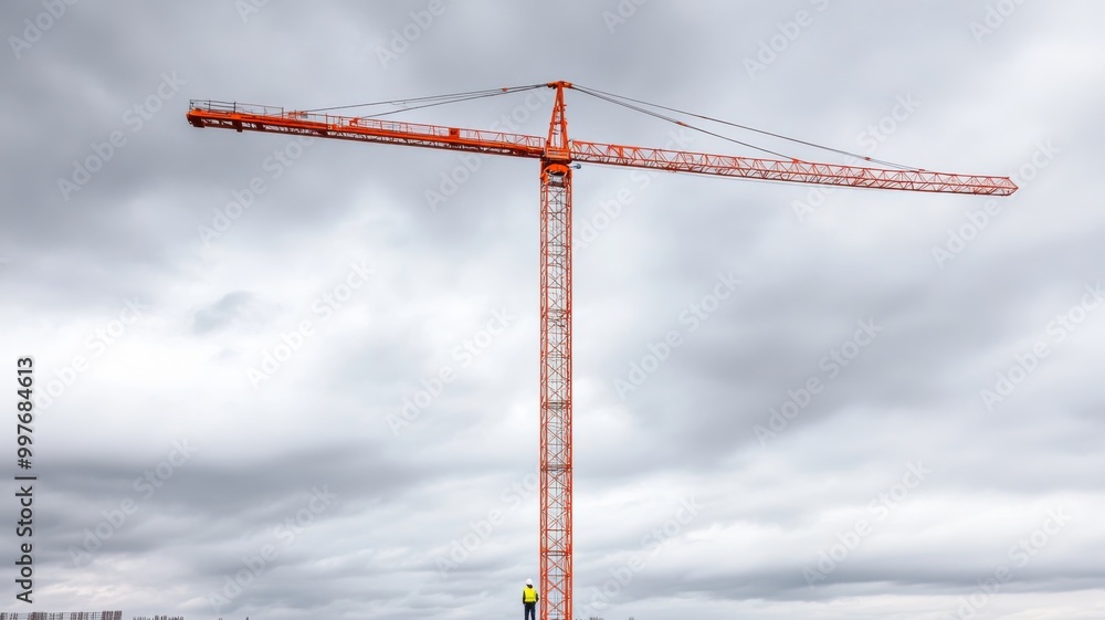 A towering red construction crane against a cloudy sky, symbolizing urban development and construction progress. A towering red construction crane against a cloudy sky, symbolizing urban development and construction progress.