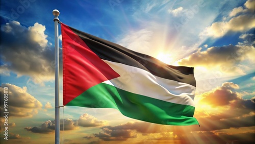 The Palestine flag showcases a star design against a vivid backdrop, representing national identity and pride, while photo