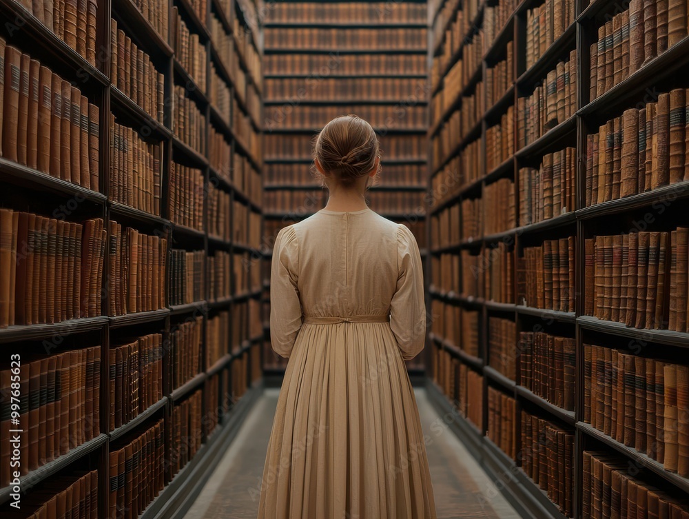 A woman stands in a vast library, surrounded by shelves of ancient books, evoking a sense of wonder and discovery. A woman stands in a vast library, surrounded by shelves of ancient books, evoking a sense of wonder and discovery.