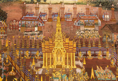 Ancient painted fresco on a temple wall at Wat Phra Kaew in Thailand