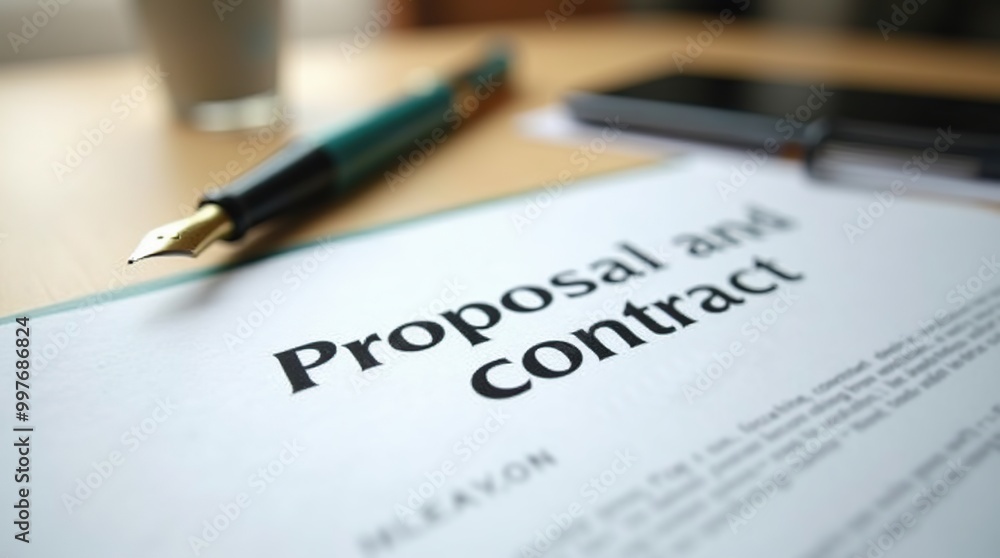 Proposal and contract document with fountain pen on desk Proposal and contract document with fountain pen on desk