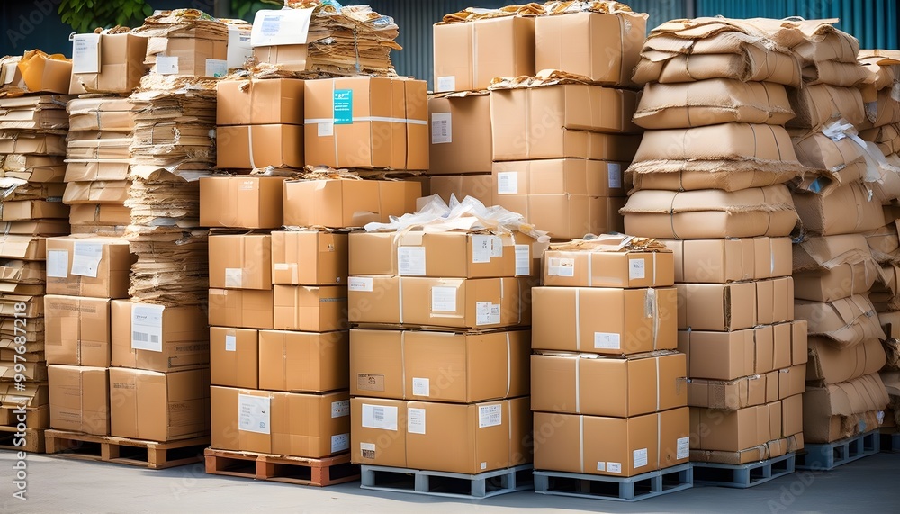 Stacked and Compressed Old Packaging and Boxes Ready for Recycling ...