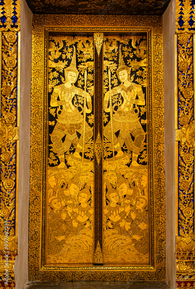 Naklejka premium pattern on the door in thai temple