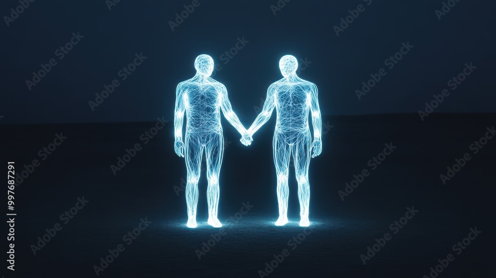 Digital representation of two men holding hands, symbolizing connection, relationship, and unity in a futuristic style. Digital representation of two men holding hands, symbolizing connection, relationship, and unity in a futuristic style.