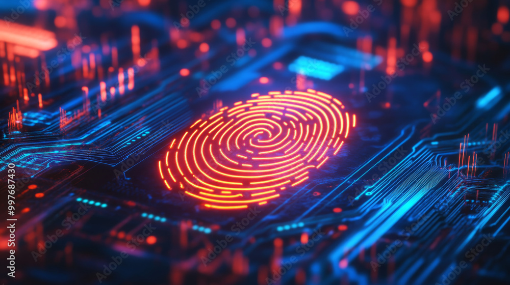 Use a dark background, such as deep black or dark blue, to create a striking contrast with the neon elements. This will help the fingerprint and circuit board details stand out prominently. Use a dark background, such as deep black or dark blue, to create a striking contrast with the neon elements. This will help the fingerprint and circuit board details stand out prominently.