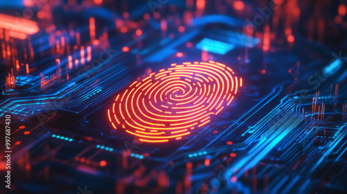 Use a dark background, such as deep black or dark blue, to create a striking contrast with the neon elements. This will help the fingerprint and circuit board details stand out prominently. photo