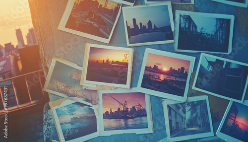 A collection of Polaroid photos scattered on a table, showcasing travel memories, sunsets, and urban scenes for a nostalgic vibe