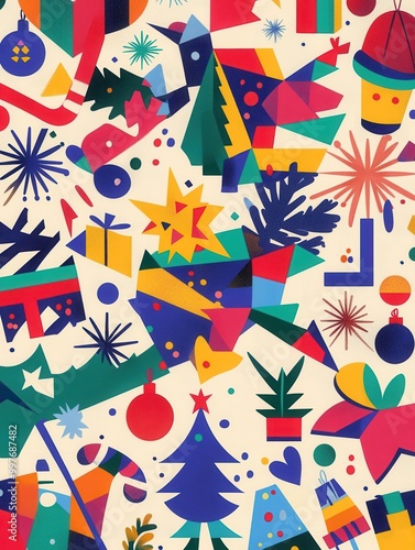 This artwork showcases a lively pattern filled with colorful Christmas symbols, including trees, stars, and snowflakes interspersed throughout. Generative AI