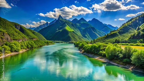 The Yalu River meanders through lush green mountains under a vibrant blue sky, creating a tranquil natural setting photo