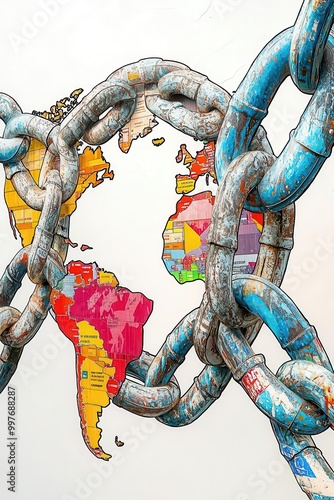 Global trade routes tangled by massive chains, symbolizing exportimport restrictions, trade barrier, economic complexity photo