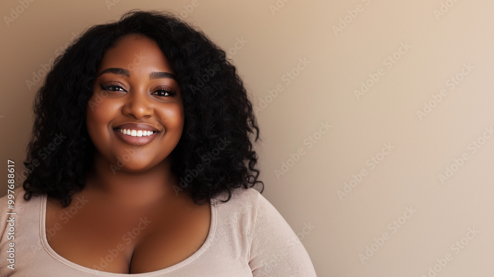 african american woman with curly hair smiles warmly while standing against a light-colored wall, showcasing a cheerful and inviting atmosphere in a relaxed indoor space, copy space, plus size concept african american woman with curly hair smiles warmly while standing against a light-colored wall, showcasing a cheerful and inviting atmosphere in a relaxed indoor space, copy space, plus size concept