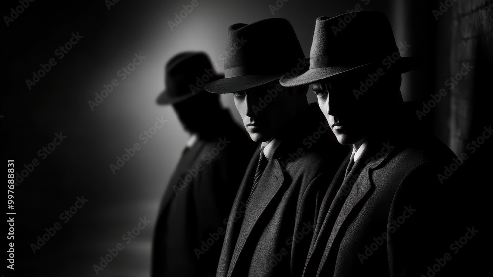 Stylish silhouettes of three men in hats, embodying mystery and intrigue in dramatic black and white lighting. Stylish silhouettes of three men in hats, embodying mystery and intrigue in dramatic black and white lighting.