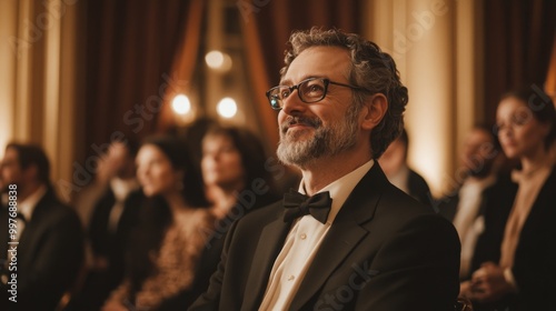 A man with a gray beard is wearing glasses, a white shirt, a black bowtie, and a black tuxedo jacket. He is sitting in a formal setting, with other people in the background photo