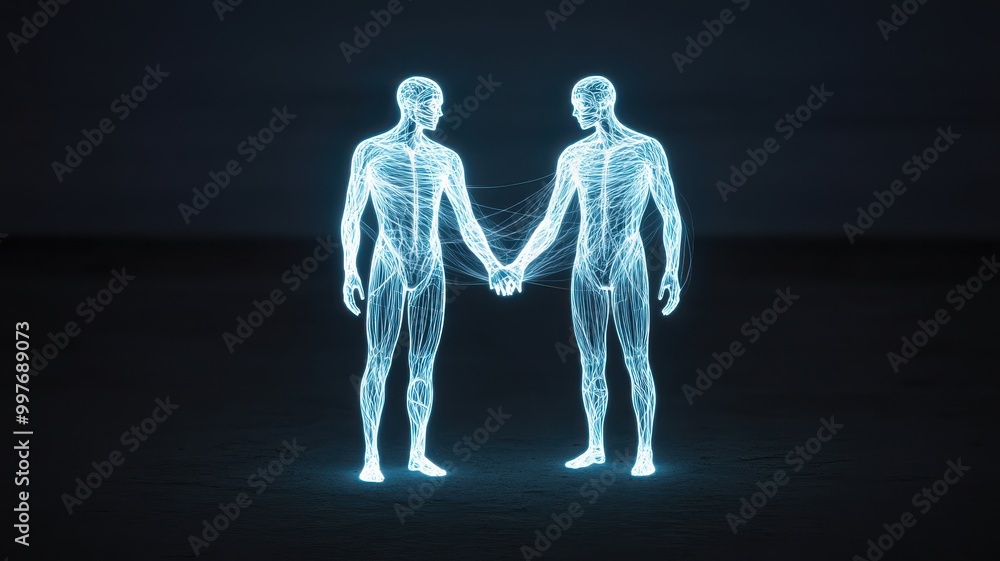 Two transparent human figures with visible anatomy standing together, symbolizing connection and unity in a dark environment. Two transparent human figures with visible anatomy standing together, symbolizing connection and unity in a dark environment.