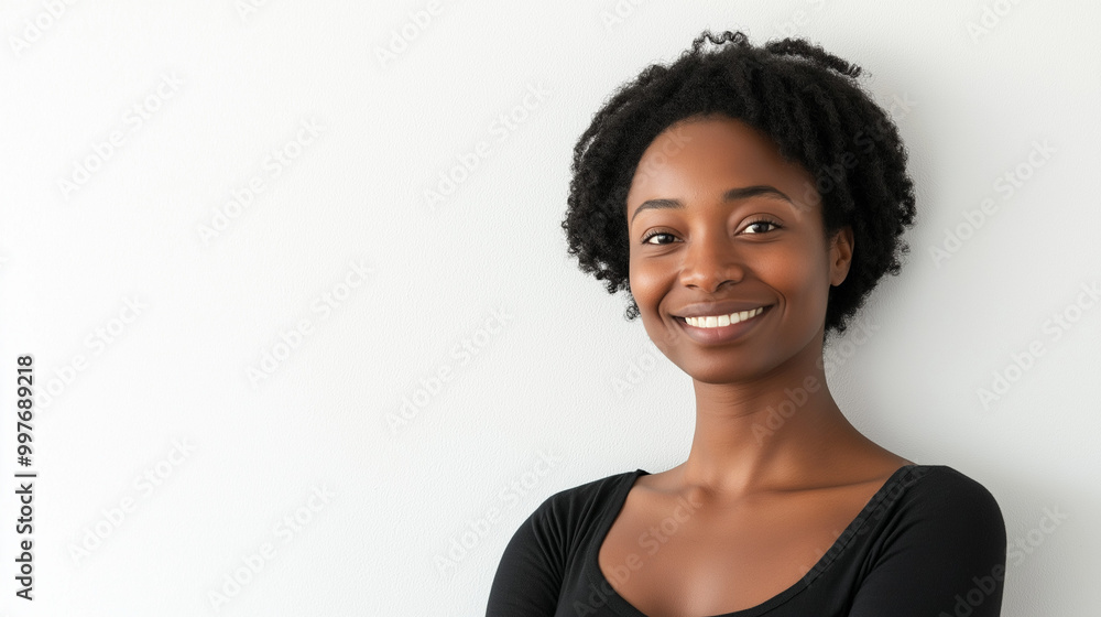 african american woman stands with her arms crossed, smiling warmly. Her curly hair frames her face, which expresses confidence and joy in a bright, minimalist setting, copy space african american woman stands with her arms crossed, smiling warmly. Her curly hair frames her face, which expresses confidence and joy in a bright, minimalist setting, copy space