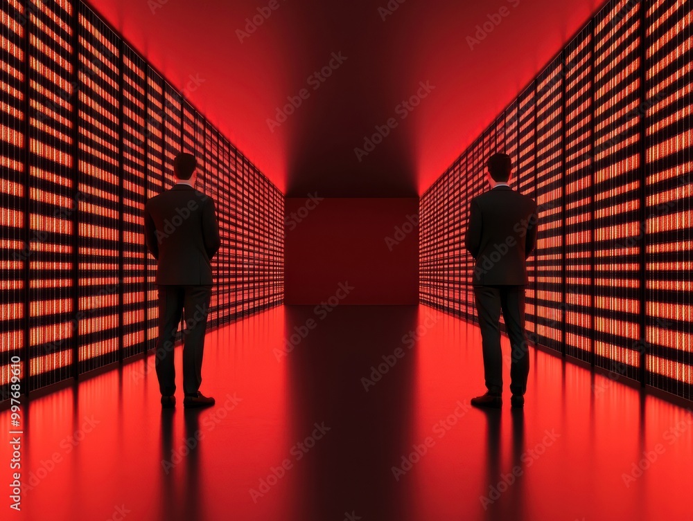 Two businesspeople in a red-lit corridor, modern setting. Two businesspeople in a red-lit corridor, modern setting.